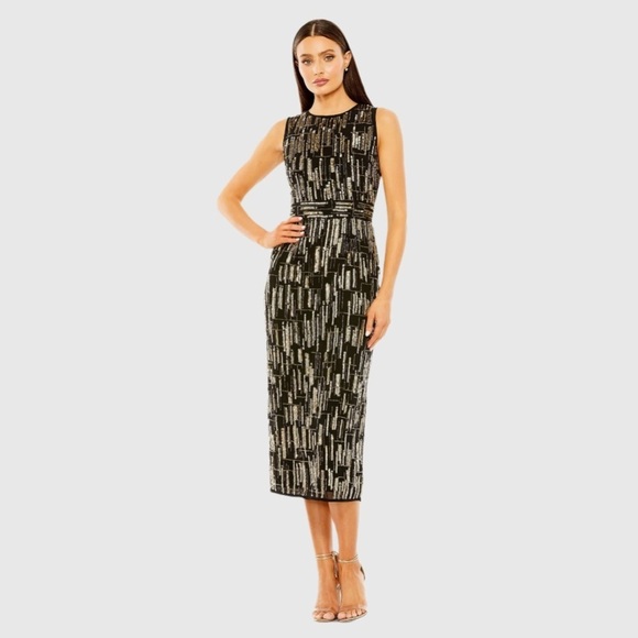 MAC DUGGAL 93597 NWT Abstract Beaded Sleeveless Midi Dress - Picture 1 of 7